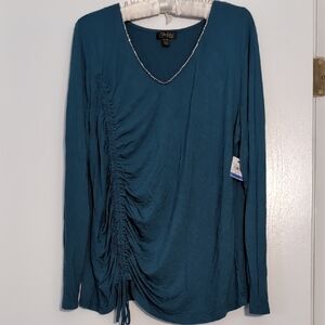 Thalia Sodi Teal Ruched Crystal Embellished Long Sleeve Blouse XL NWT